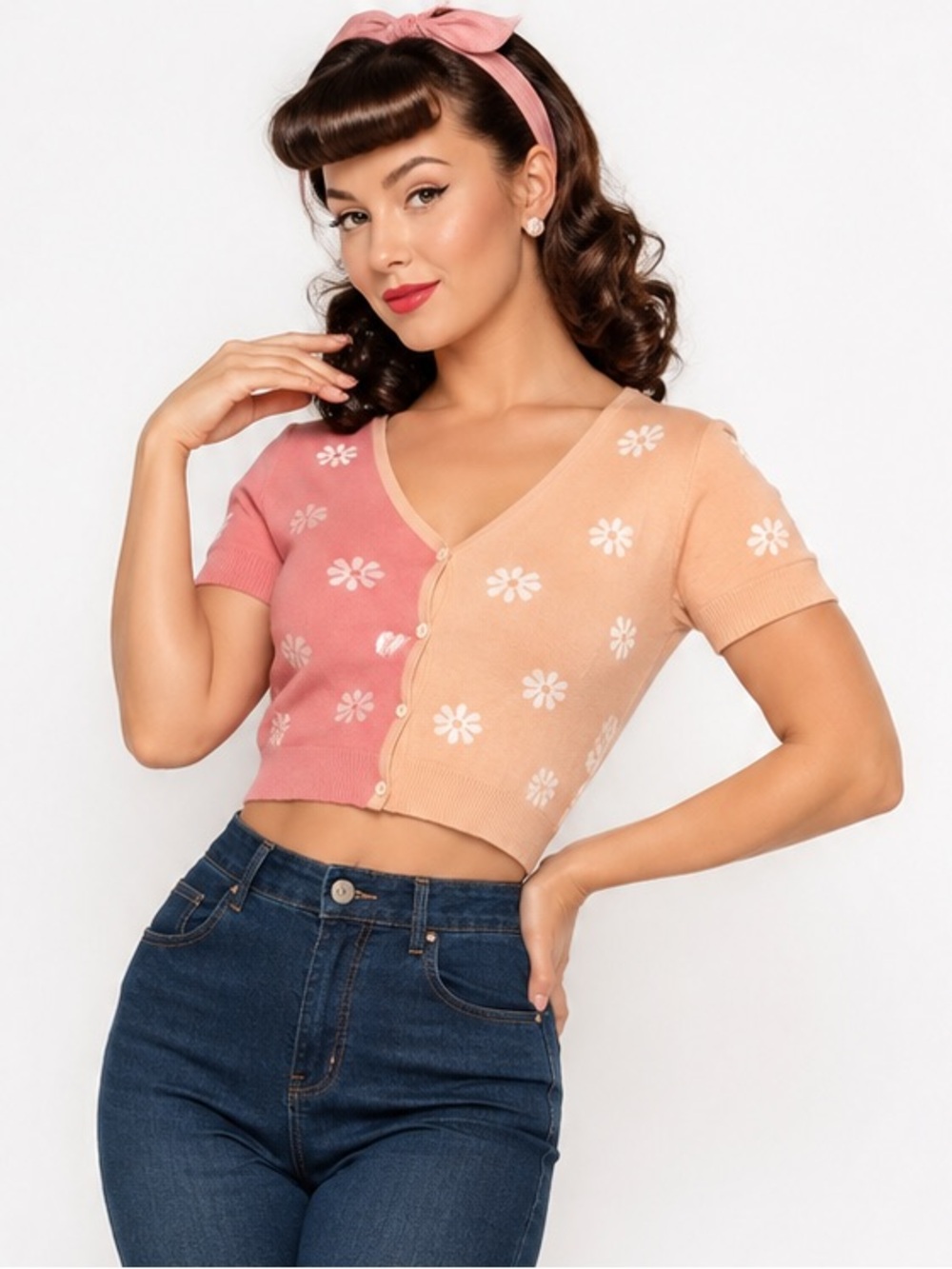 Rockabilly Pinup Two-Tone Pink & Peach Daisy Cropped Cardigan